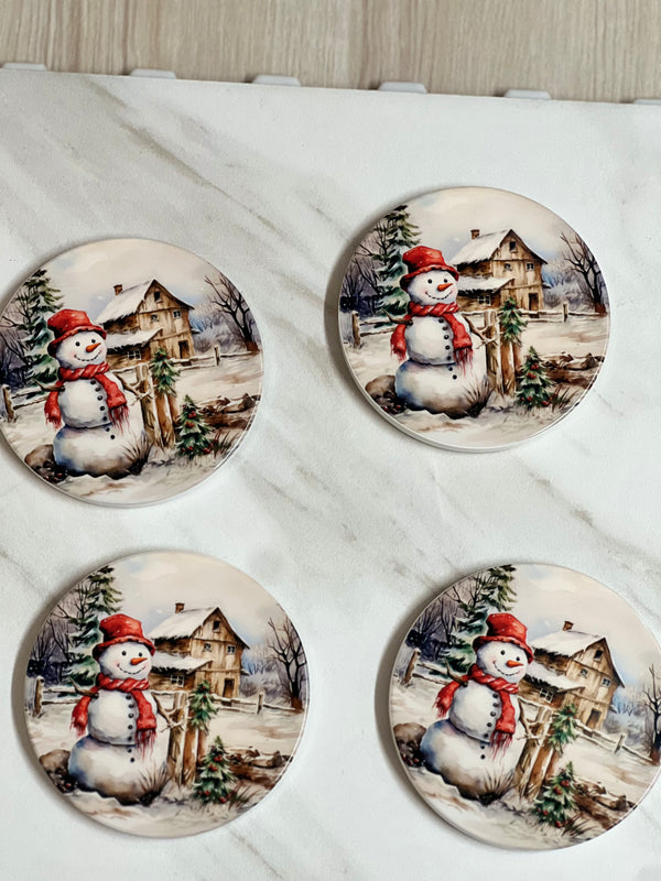 Christmas Snowman Coasters Set | 4” Ceramic Holiday Table Accents