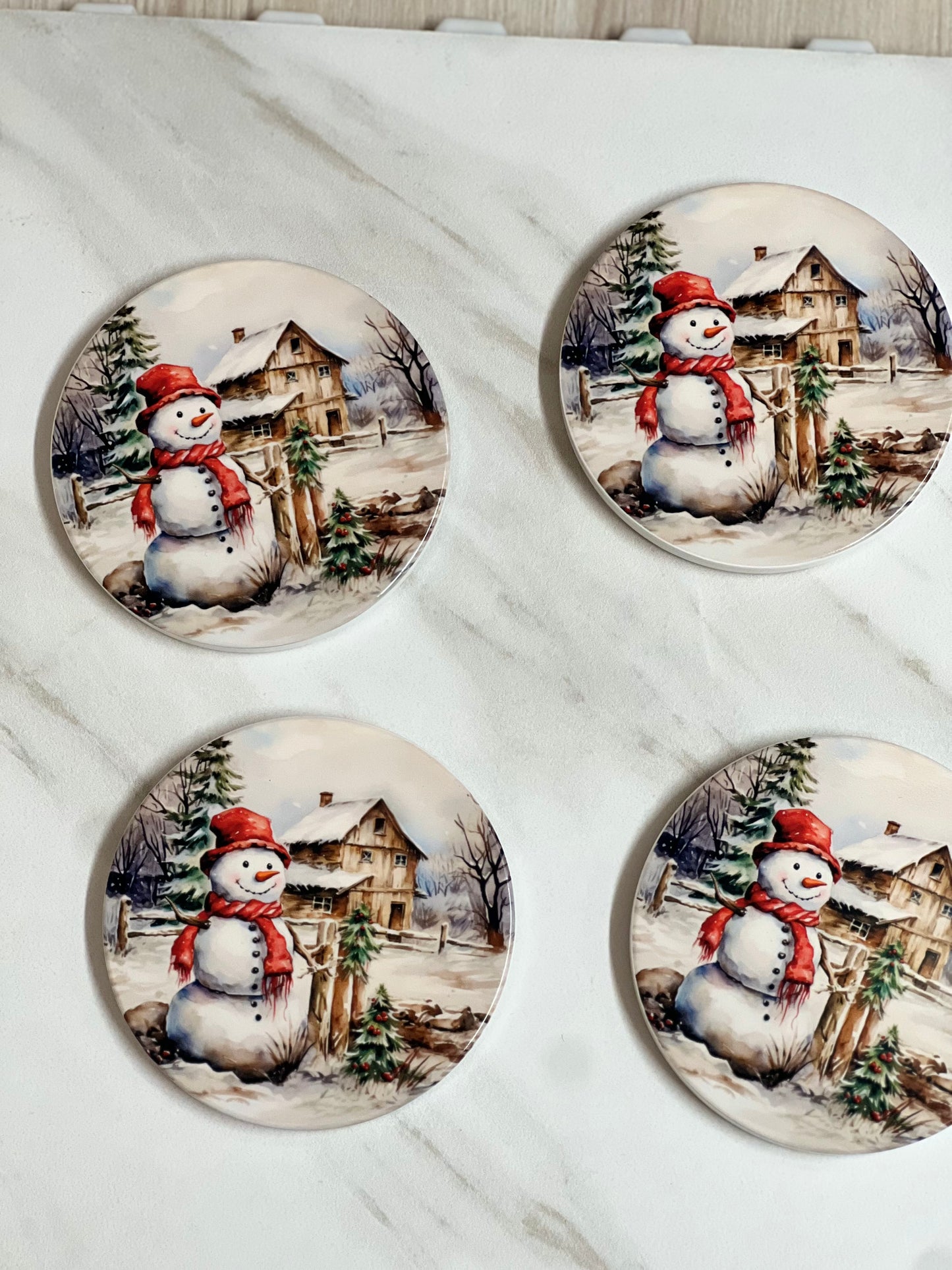 Christmas Snowman Coasters Set | 4” Ceramic Holiday Table Accents