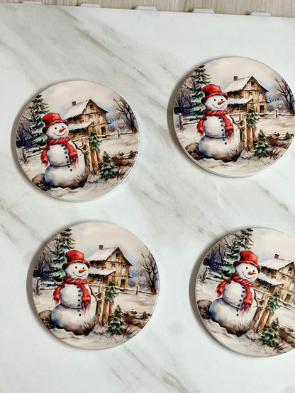 Christmas Snowman Coasters Set | 4” Ceramic Holiday Table Accents