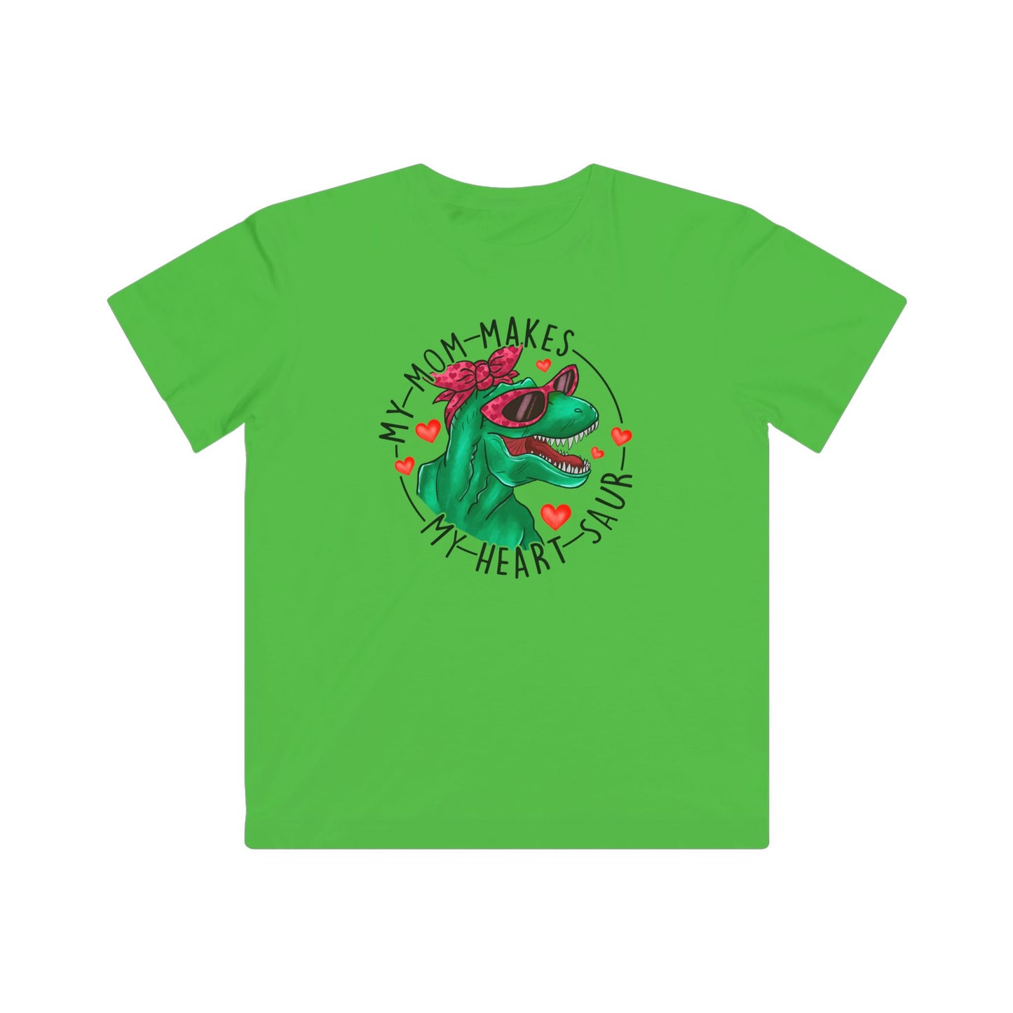 designsXdarren My Mom Makes My Heart Saur Kids Tee - Dinosaur Pun Youth T-Shirt - White Apple Silver Blue Pink