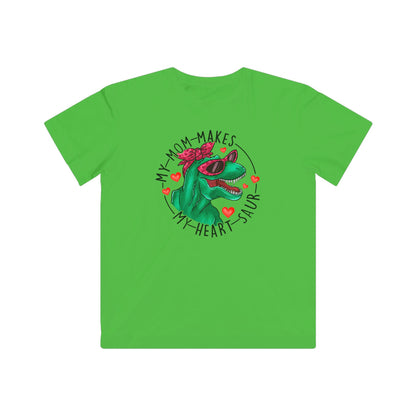 designsXdarren My Mom Makes My Heart Saur Kids Tee - Dinosaur Pun Youth T-Shirt - White Apple Silver Blue Pink