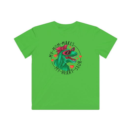 designsXdarren My Mom Makes My Heart Saur Kids Tee - Dinosaur Pun Youth T-Shirt - White Apple Silver Blue Pink