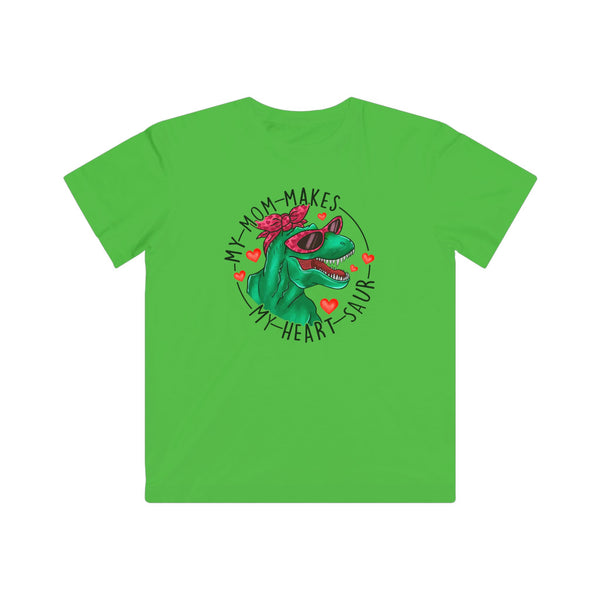 designsXdarren My Mom Makes My Heart Saur Kids Tee - Dinosaur Pun Youth T-Shirt - White Apple Silver Blue Pink