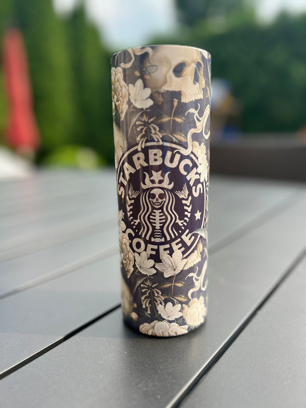 20oz Gothic Floral Skull Skinny Tumbler - Dark Coffee Aesthetic