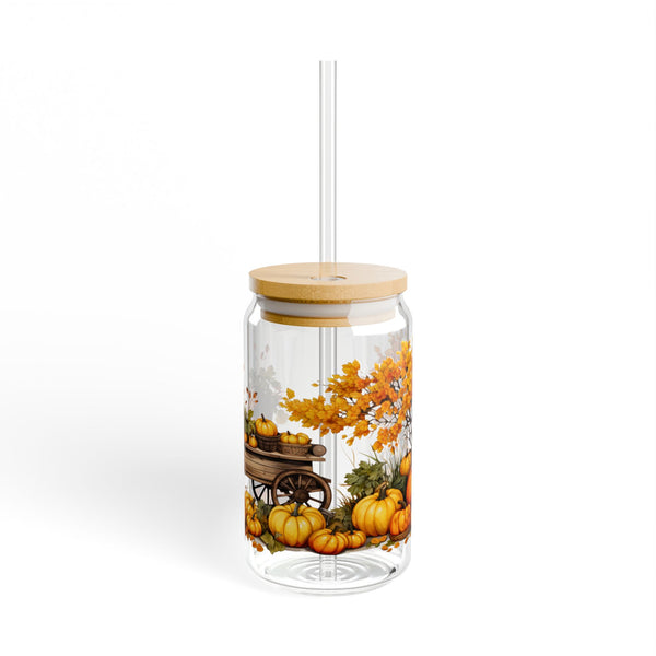 Fall Themed 16oz Glass, Iced Pumpkin Spice Can Glass, Fall Drinks Cup, Glass Jar with Lid and Straw, 16oz Glass Cup, Libbey Cup