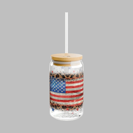 American Flag on Leopard Print 16oz Can Glass
