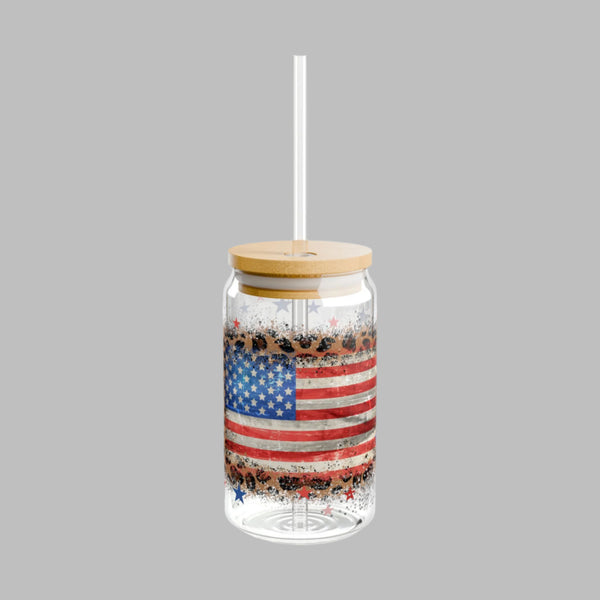 American Flag on Leopard Print 16oz Can Glass