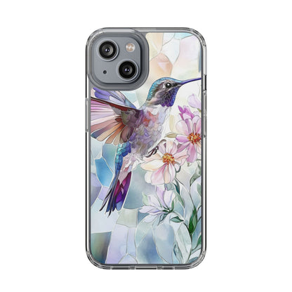 Clear Hummingbird Phone Case - Floral Stained Glass Design, Wireless Charging Compatible
