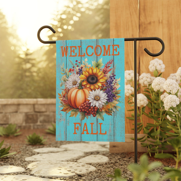 Welcome Fall Garden Flag – 12”x18” Pumpkin & Sunflower Yard Banner with Teal Wood Background