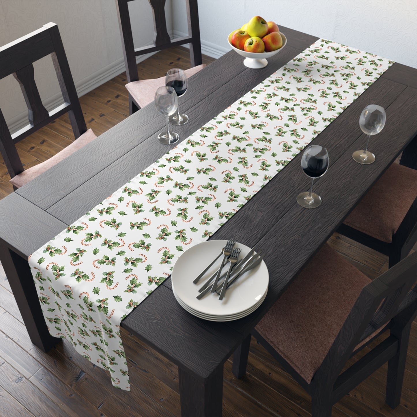 Christmas Table Runner Featuring Holly & Candy Canes