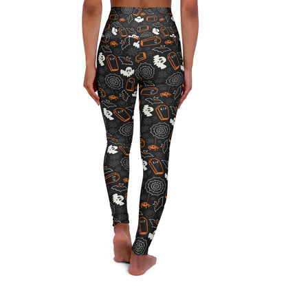 Spooky Season High Waisted Yoga Leggings – Cute Ghost, Bat & Coffin Print