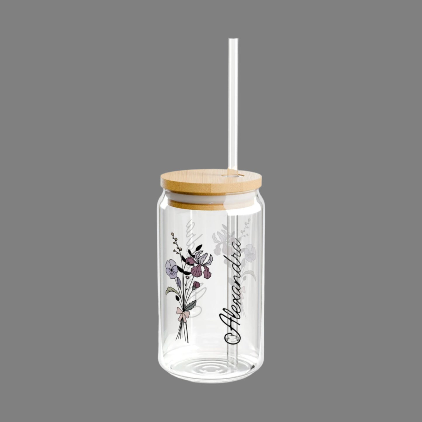 Personalized February Flower - 16oz Glass With Lid and Straw