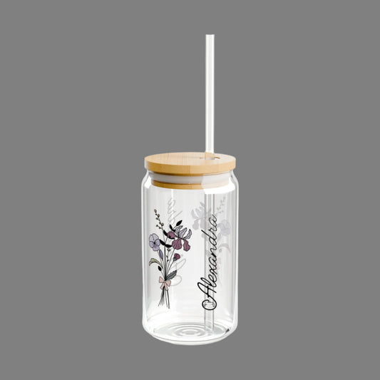 Personalized February Flower - 16oz Glass With Lid and Straw