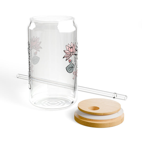 Personalized July Flower 16oz Can Glass - Stylish Sipper with Bamboo Lid and Straw