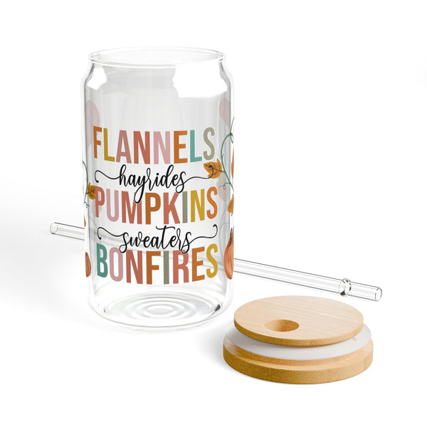 Fall Glass Can, Pumpkins 16oz Libbey Glass, Hayride Iced Coffee Cup, Fall Themed, Glass Tumbler Cup with Lid & Straw, Sweater Season