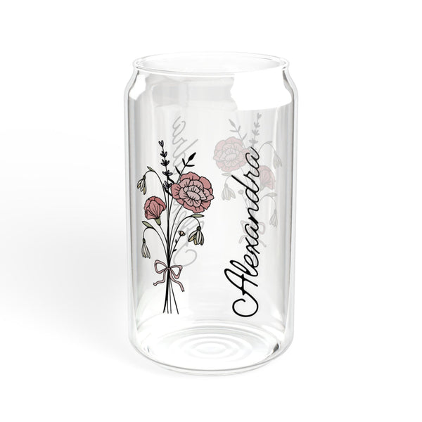 Personalized January Flower 16oz Can Glass - Stylish Sipper with Bamboo Lid and Straw