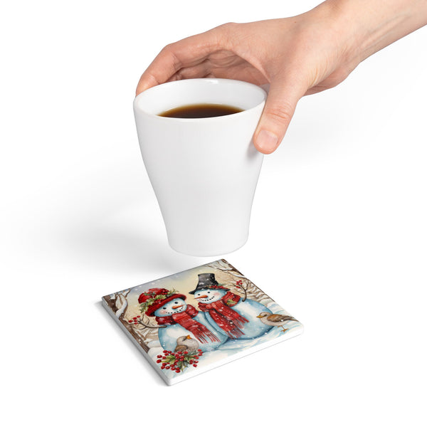 Winter Wonderland Snowman Ceramic Coaster Set, Holiday Decor, Christmas Gift, Home Bar Accessories, Festive Tableware