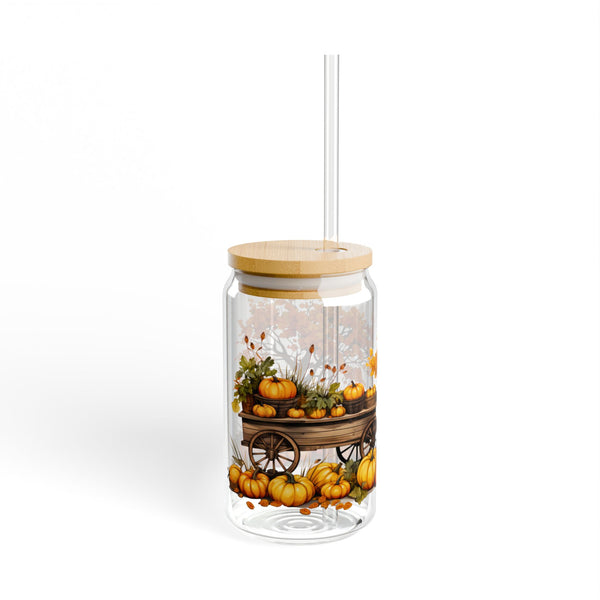 Fall Themed 16oz Glass, Iced Pumpkin Spice Can Glass, Fall Drinks Cup, Glass Jar with Lid and Straw, 16oz Glass Cup, Libbey Cup