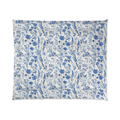 Blue Toile Floral Comforter - Cozy Bedding for Modern Bedrooms, Flower Pattern Bedspread, Spring Decor, Gift for Her