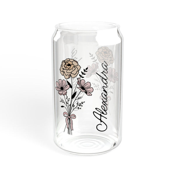 Personalized September Flower 16oz Can Glass - Stylish Sipper with Bamboo Lid and Straw