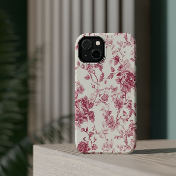 Pink Floral MagSafe iPhone Case, Toile de Jouy Design, Compatible with iPhone 13 to 16, Elegant Pink Flower Design, Slim Protective Case