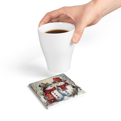 Festive Snowman Ceramic Coaster, Holiday Drinkware, Christmas Decor, Winter Home Gift, Coaster Set for Holiday Parties
