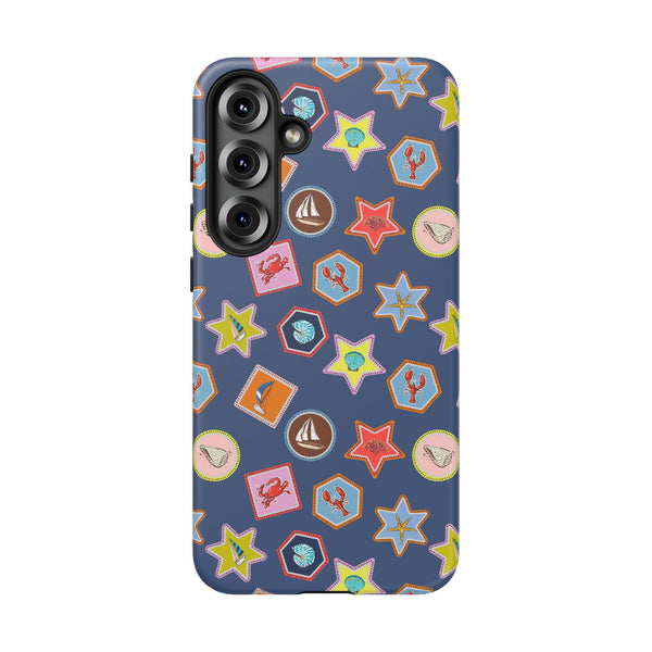 Lobsters Sailboats and Seashells on Navy Blue Phone Case