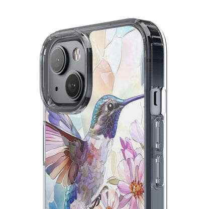 Clear Hummingbird Phone Case - Floral Stained Glass Design, Wireless Charging Compatible
