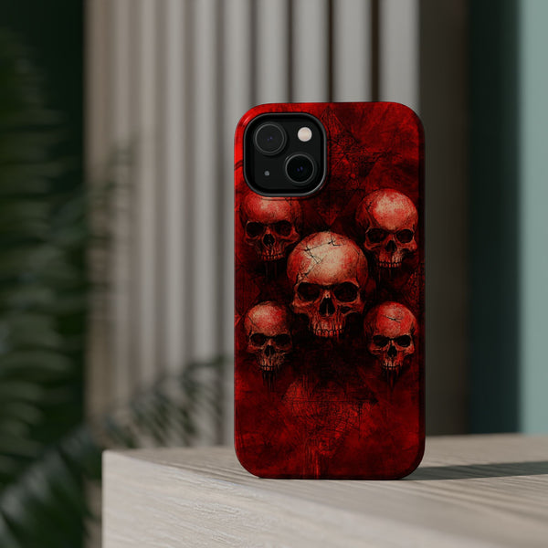 Red Skulls iPhone Case, Magnetic Tough Case for iPhone, Skulls On Blood Red Background Magnetic Phone Case, iPhone 15, iPhone 14, iPhone 13