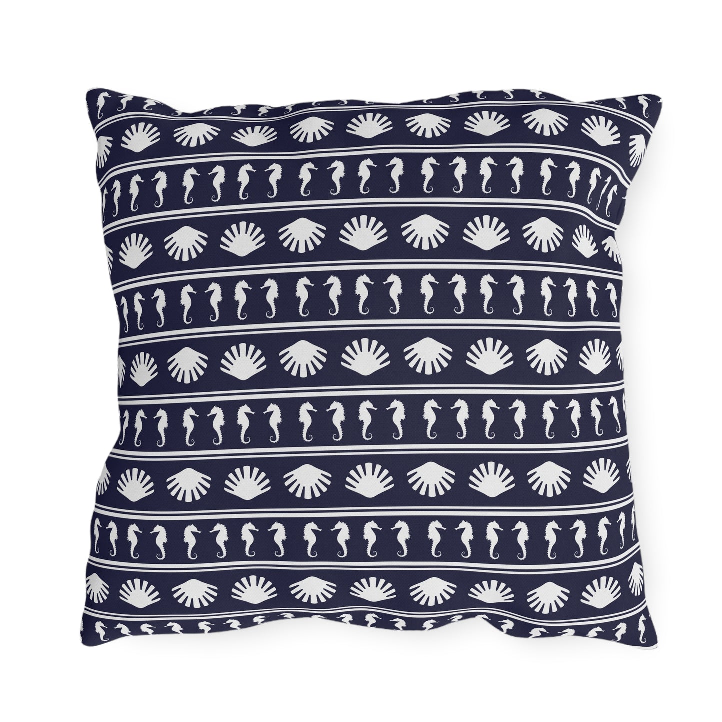 Navy Blue and White Seahorses and Shells Outdoor Pillow