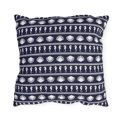 Navy Blue and White Seahorses and Shells Outdoor Pillow