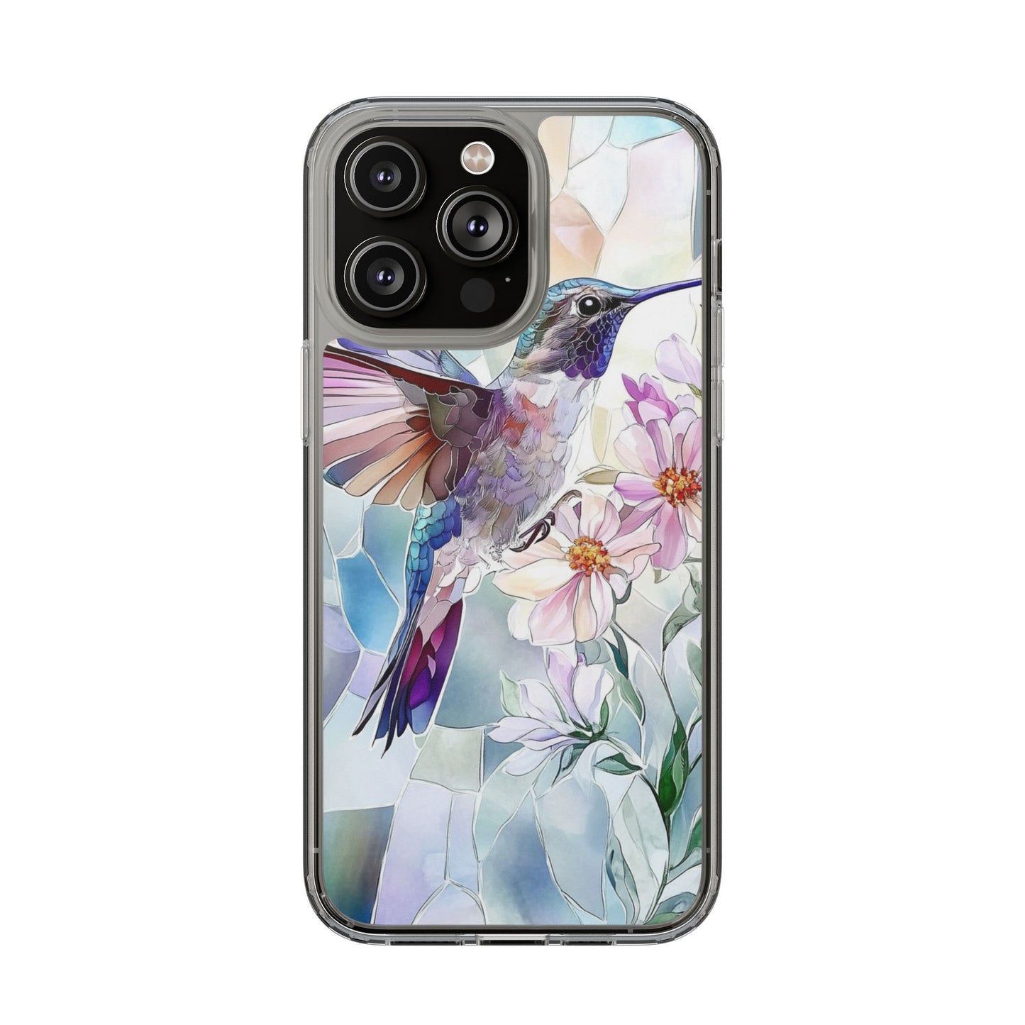 Clear Hummingbird Phone Case - Floral Stained Glass Design, Wireless Charging Compatible