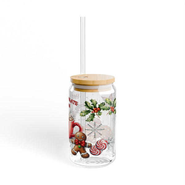 Hot Chocolate 16oz Glass, Hot Chocolate Season Can Glass, Christmas Gift Cup, Glass Jar with Lid and Straw, 16oz Glass Cup, Libbey Cup