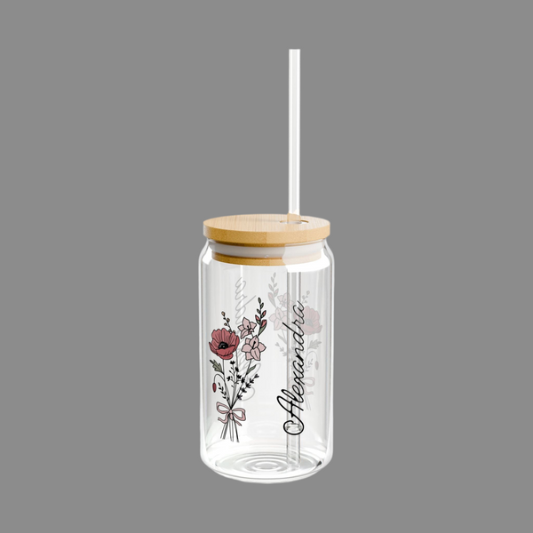Personalized August Flower 16oz Can Glass - Stylish Sipper with Bamboo Lid and Straw