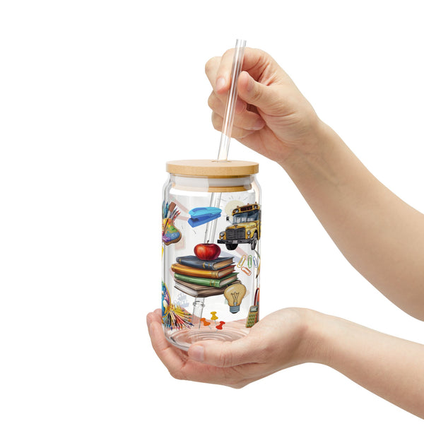 Teacher 16oz Glass, Back to School Can Glass, Teacher Gift Cup, Glass Jar with Lid and Straw, 16oz Glass Cup, Libbey Cup