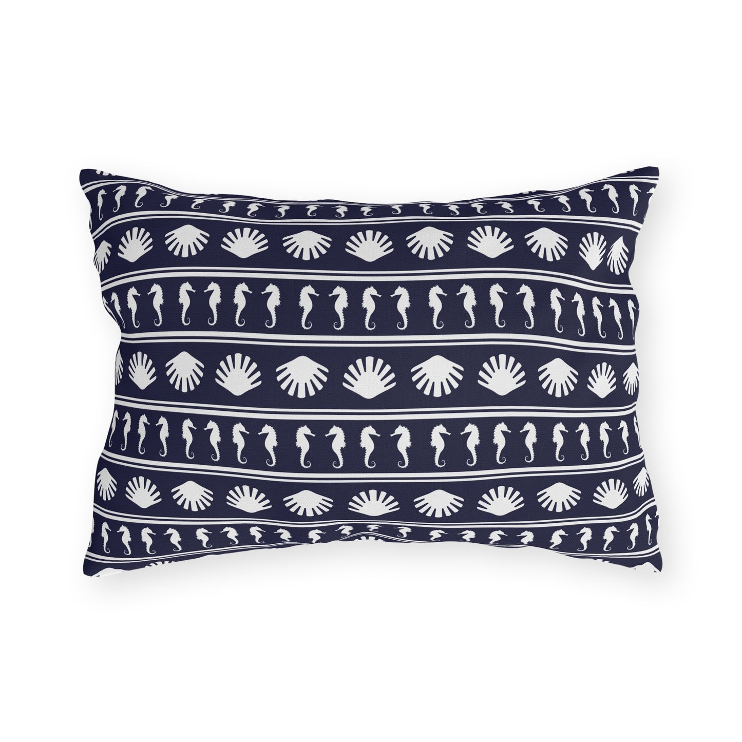 Navy Blue and White Seahorses and Shells Outdoor Pillow