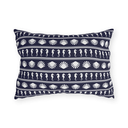 Navy Blue and White Seahorses and Shells Outdoor Pillow