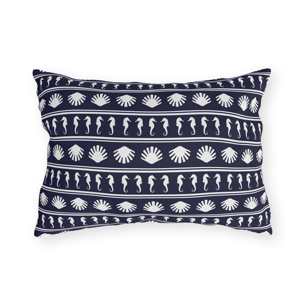 Navy Blue and White Seahorses and Shells Outdoor Pillow