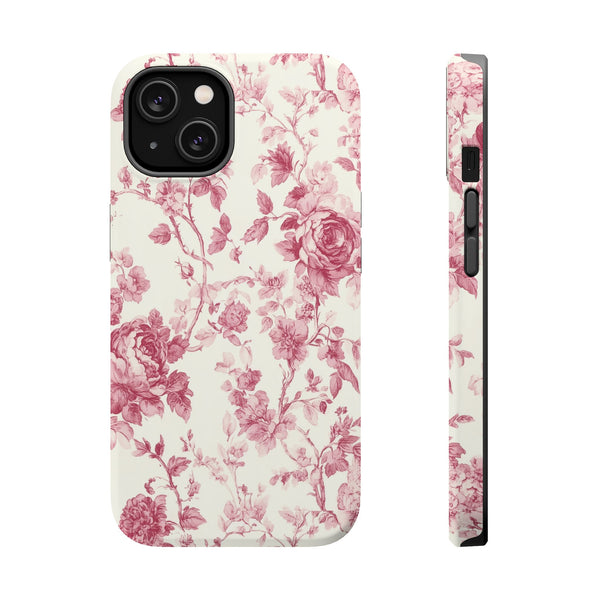 Pink Floral MagSafe iPhone Case, Toile de Jouy Design, Compatible with iPhone 13 to 16, Elegant Pink Flower Design, Slim Protective Case