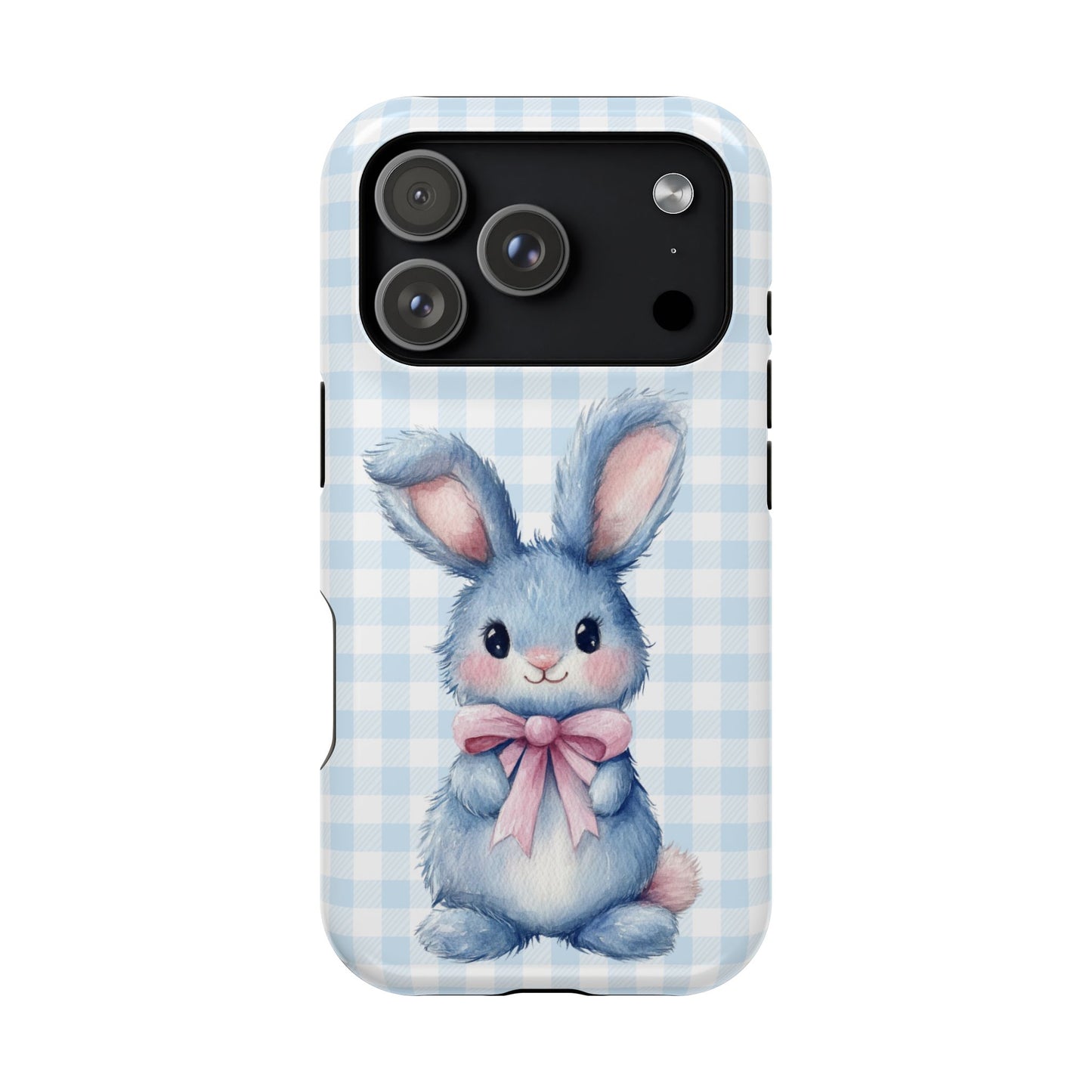 Cute Bunny on Blue Plaid MagSafe iPhone Case