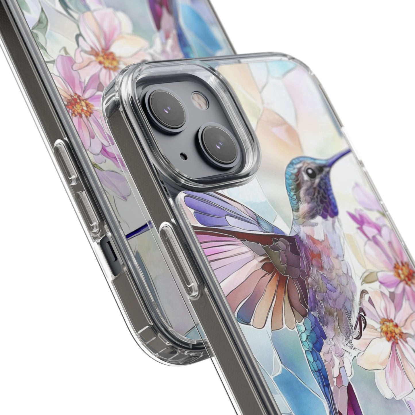 Clear Hummingbird Phone Case - Floral Stained Glass Design, Wireless Charging Compatible