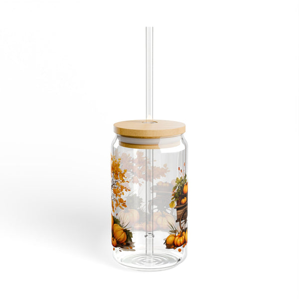 Fall Themed 16oz Glass, Iced Pumpkin Spice Can Glass, Fall Drinks Cup, Glass Jar with Lid and Straw, 16oz Glass Cup, Libbey Cup
