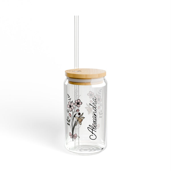 Personalized March Flower 16oz Can Glass - Stylish Sipper with Bamboo Lid and Straw