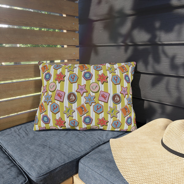 Coastal Nautical Outdoor Throw Pillow – Beach House Patio Cushion with Lobsters, Sailboats & Seashells