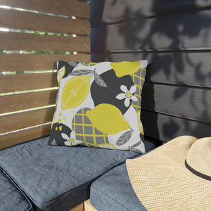 lemon citrus print outdoor throw pillow in yellow and gray