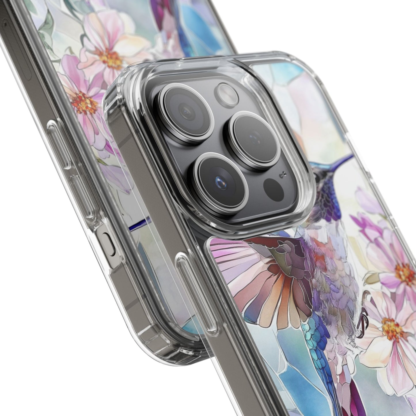 Clear Hummingbird Phone Case - Floral Stained Glass Design, Wireless Charging Compatible