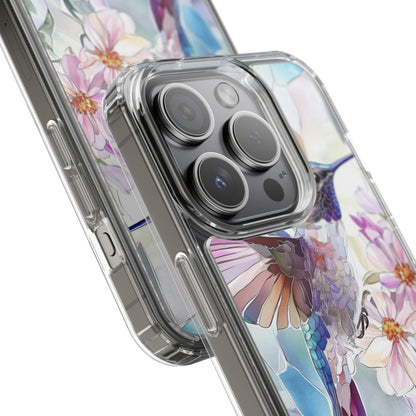 Clear Hummingbird Phone Case - Floral Stained Glass Design, Wireless Charging Compatible