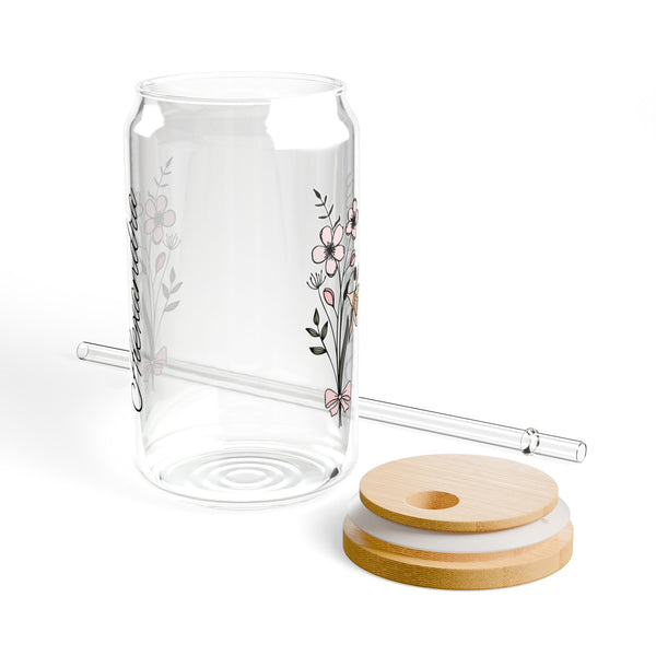 Personalized March Flower 16oz Can Glass - Stylish Sipper with Bamboo Lid and Straw