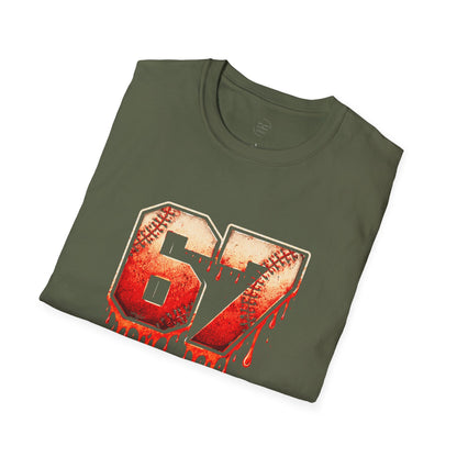67 Baseball Drip T-Shirt - Vintage Distressed Sports Jersey Style - Grunge Streetwear Graphic Tee for Men & Women