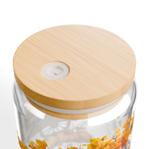 Fall Themed 16oz Glass, Iced Pumpkin Spice Can Glass, Fall Drinks Cup, Glass Jar with Lid and Straw, 16oz Glass Cup, Libbey Cup